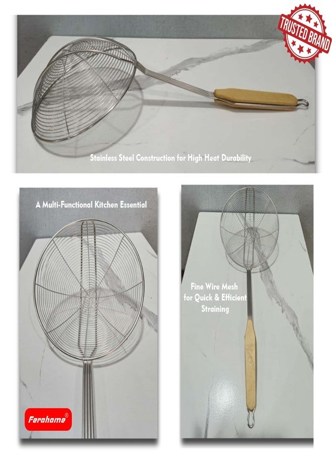 Ferohome Stainless Steel Frying Strainer with Wooden Handle Fine Mesh Skimmer for Deep Frying, Draining Oil for Pakoras Samosas Comes with Built-in Hanging Hole (Wooden Handle, 18 cm) - Image 4